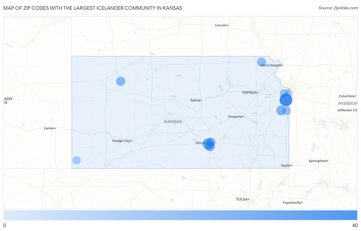 Zip Codes with the Largest Icelander Community in Kansas Map