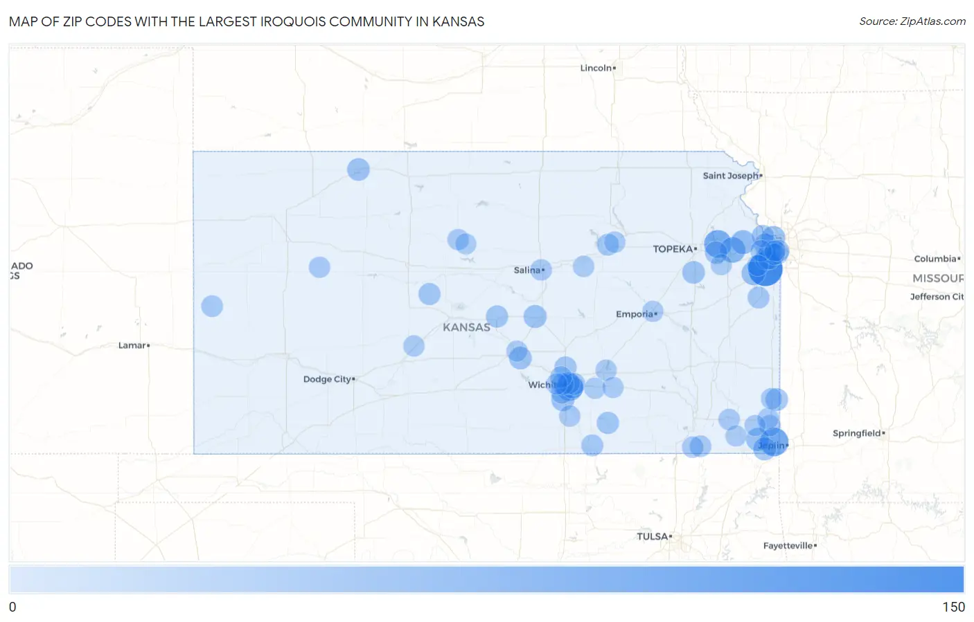 Zip Codes with the Largest Iroquois Community in Kansas Map