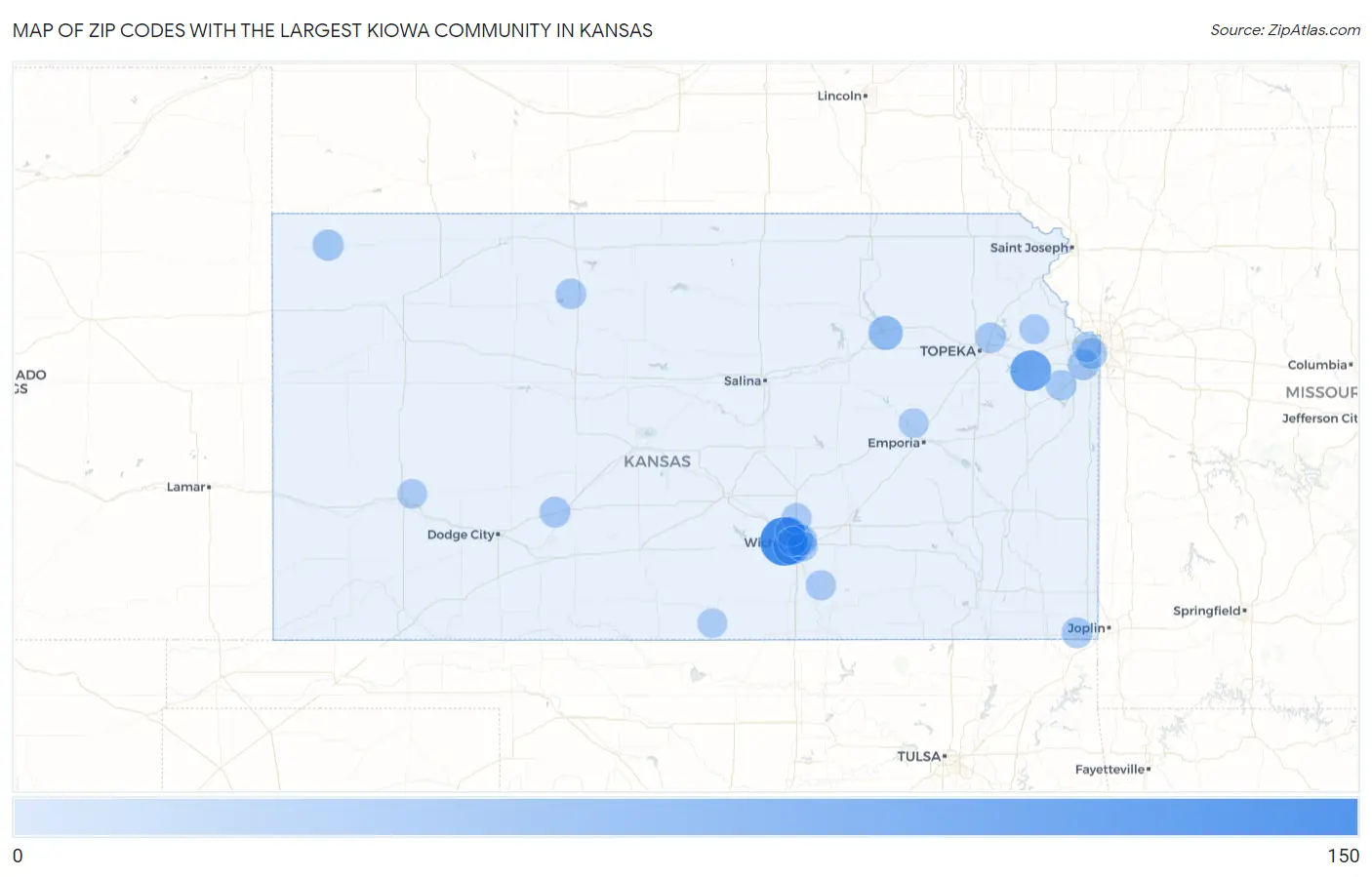 Zip Codes with the Largest Kiowa Community in Kansas Map