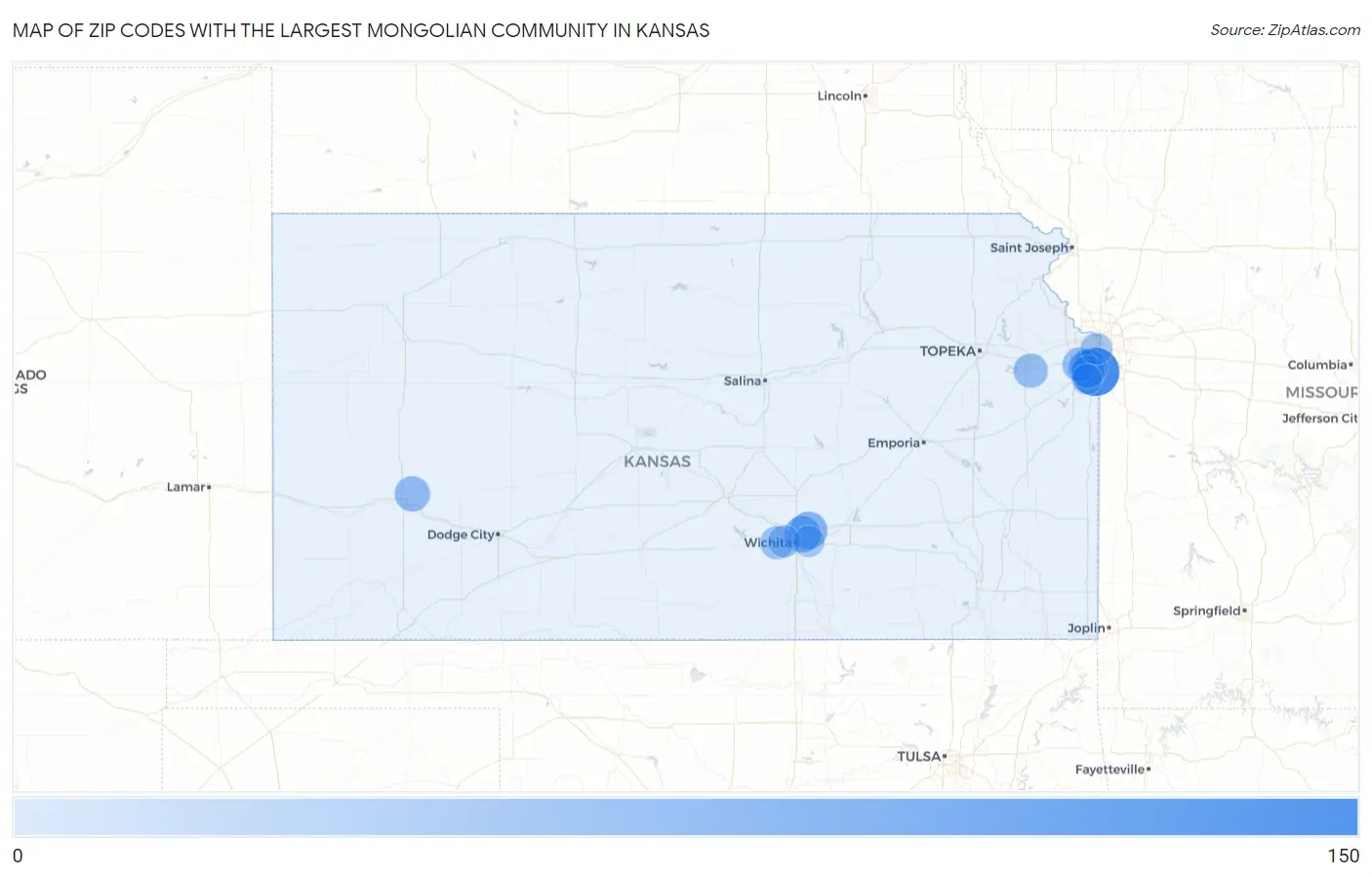 Zip Codes with the Largest Mongolian Community in Kansas Map