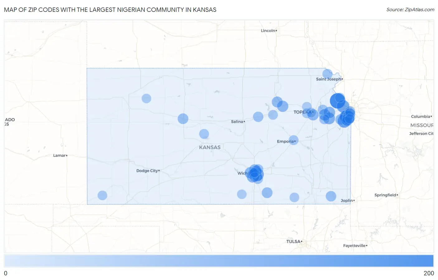 Zip Codes with the Largest Nigerian Community in Kansas Map