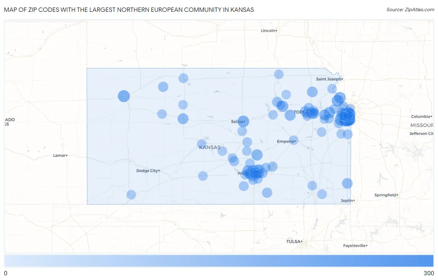 Zip Codes with the Largest Northern European Community in Kansas Map
