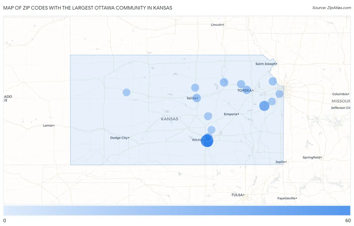 Zip Codes with the Largest Ottawa Community in Kansas Map