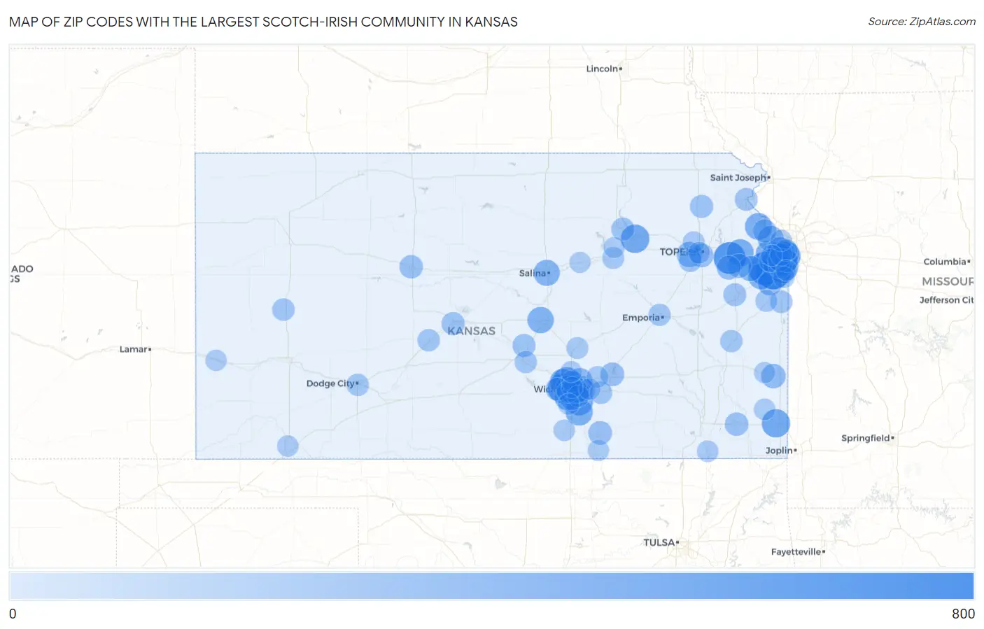 Zip Codes with the Largest Scotch-Irish Community in Kansas Map
