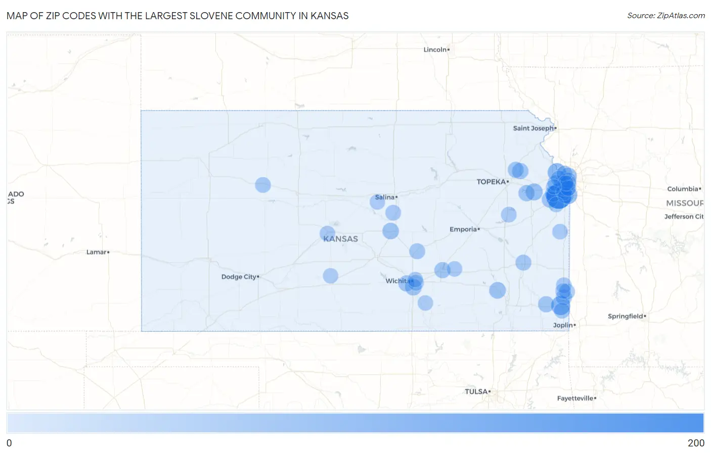 Zip Codes with the Largest Slovene Community in Kansas Map
