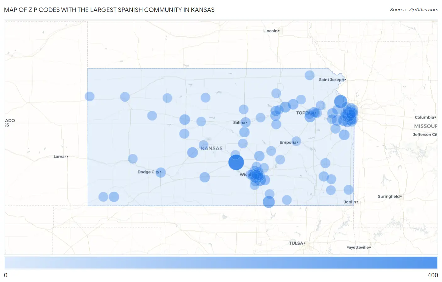 Zip Codes with the Largest Spanish Community in Kansas Map
