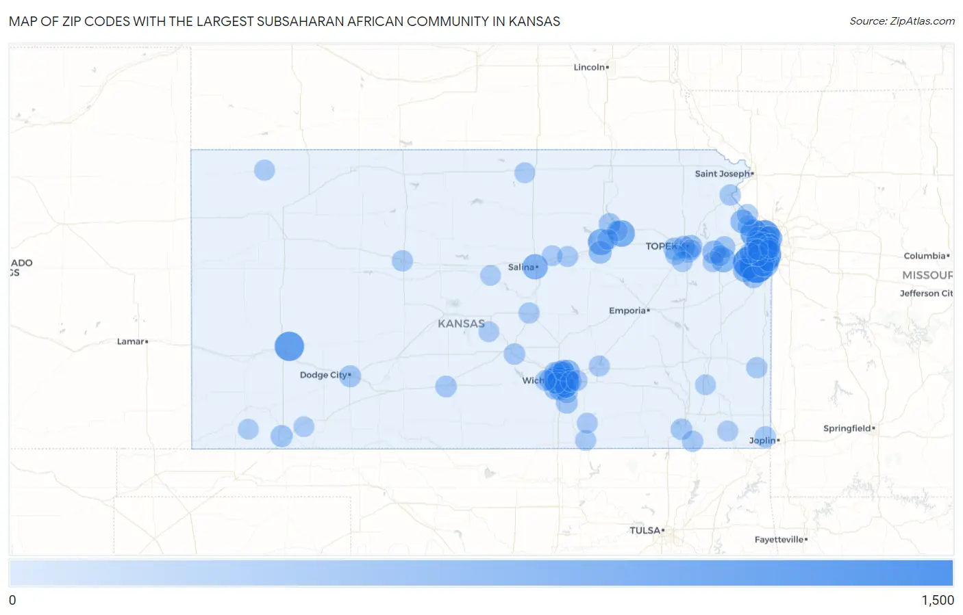 Zip Codes with the Largest Subsaharan African Community in Kansas Map