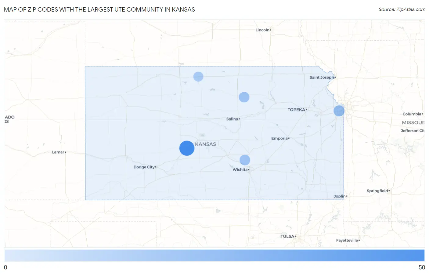 Zip Codes with the Largest Ute Community in Kansas Map