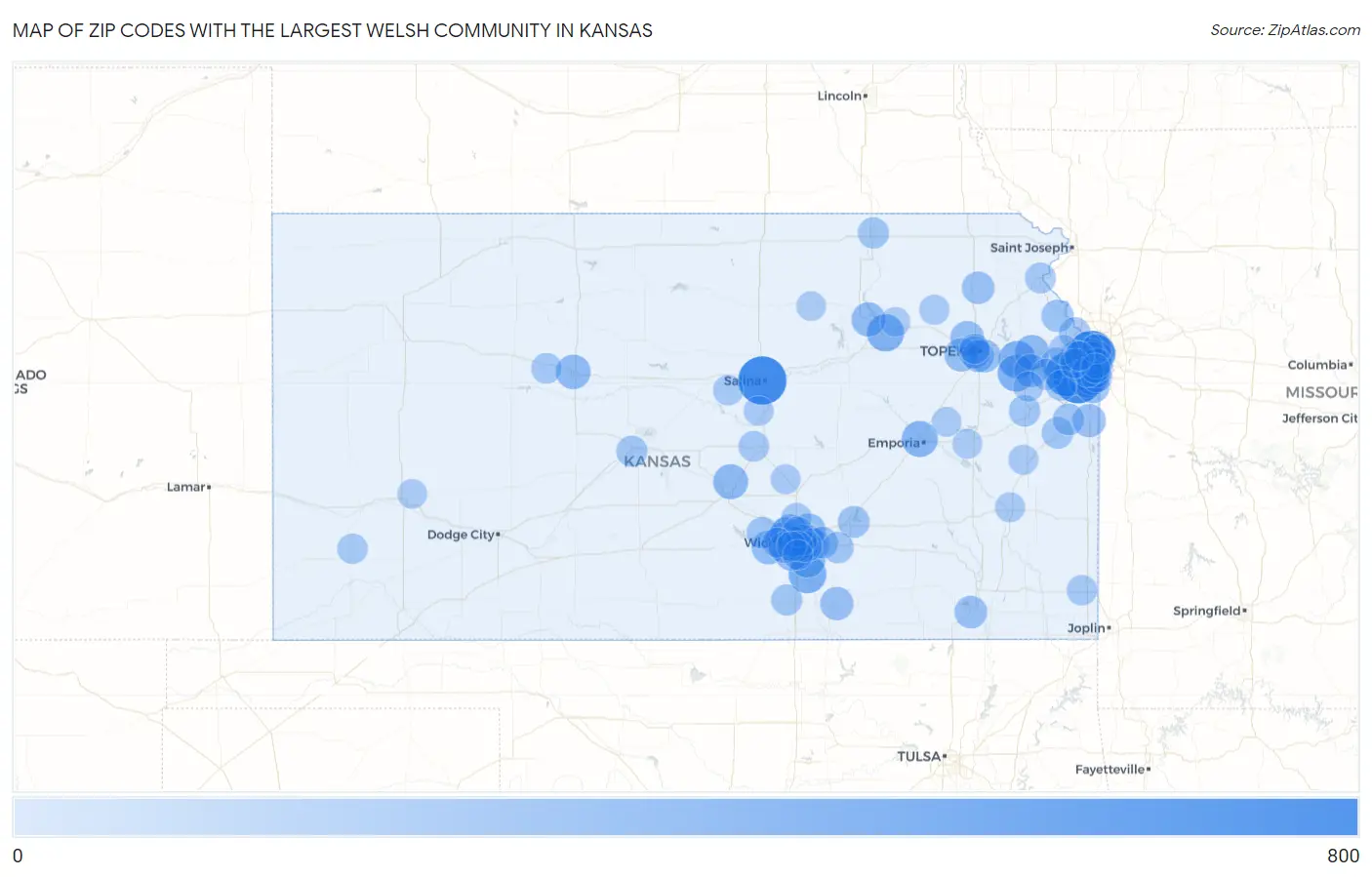 Zip Codes with the Largest Welsh Community in Kansas Map