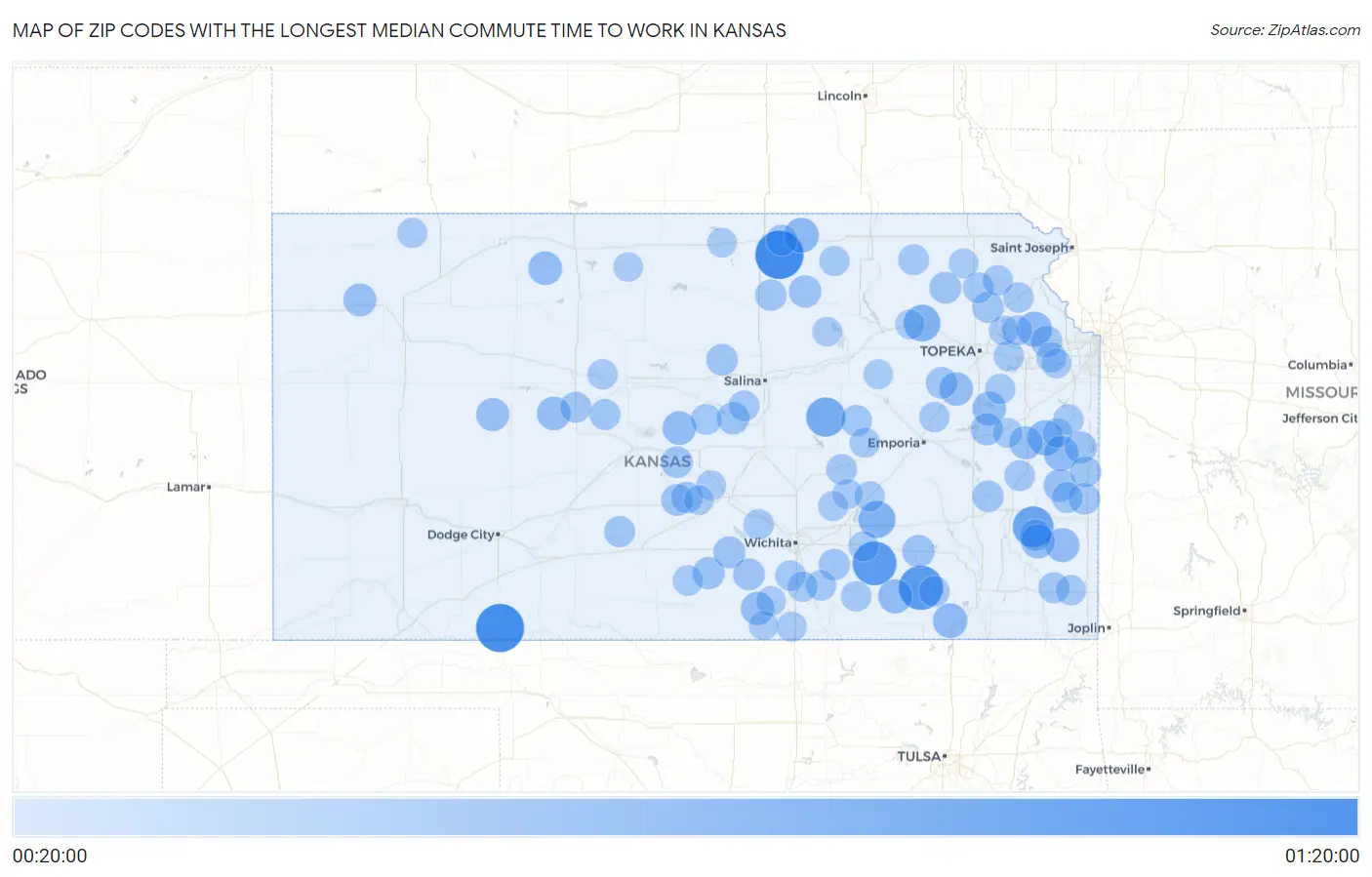 Zip Codes with the Longest Median Commute Time to Work in Kansas Map