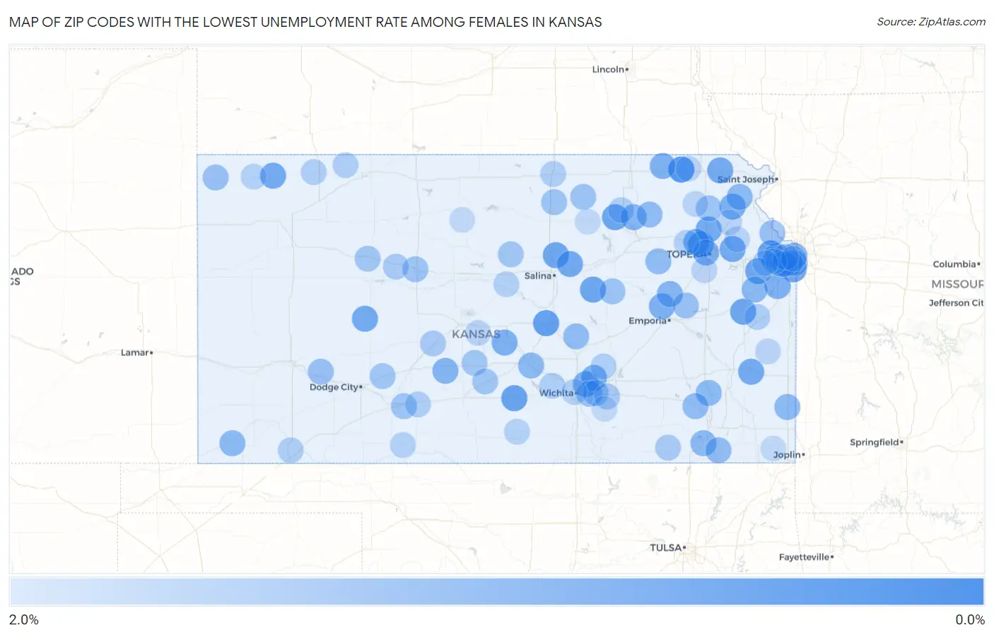 Zip Codes with the Lowest Unemployment Rate Among Females in Kansas Map