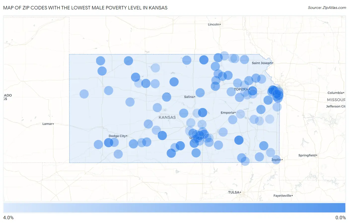 Zip Codes with the Lowest Male Poverty Level in Kansas Map
