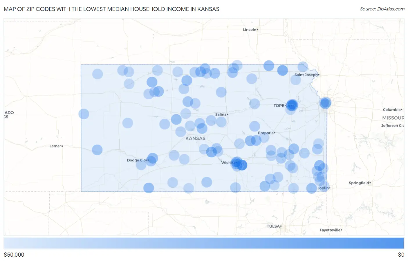 Zip Codes with the Lowest Median Household Income in Kansas Map