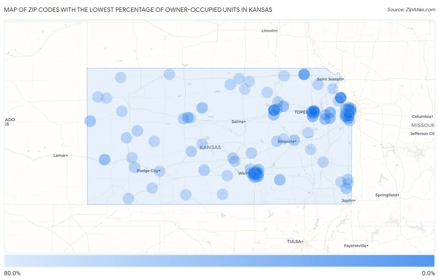 Zip Codes with the Lowest Percentage of Owner-Occupied Units in Kansas Map