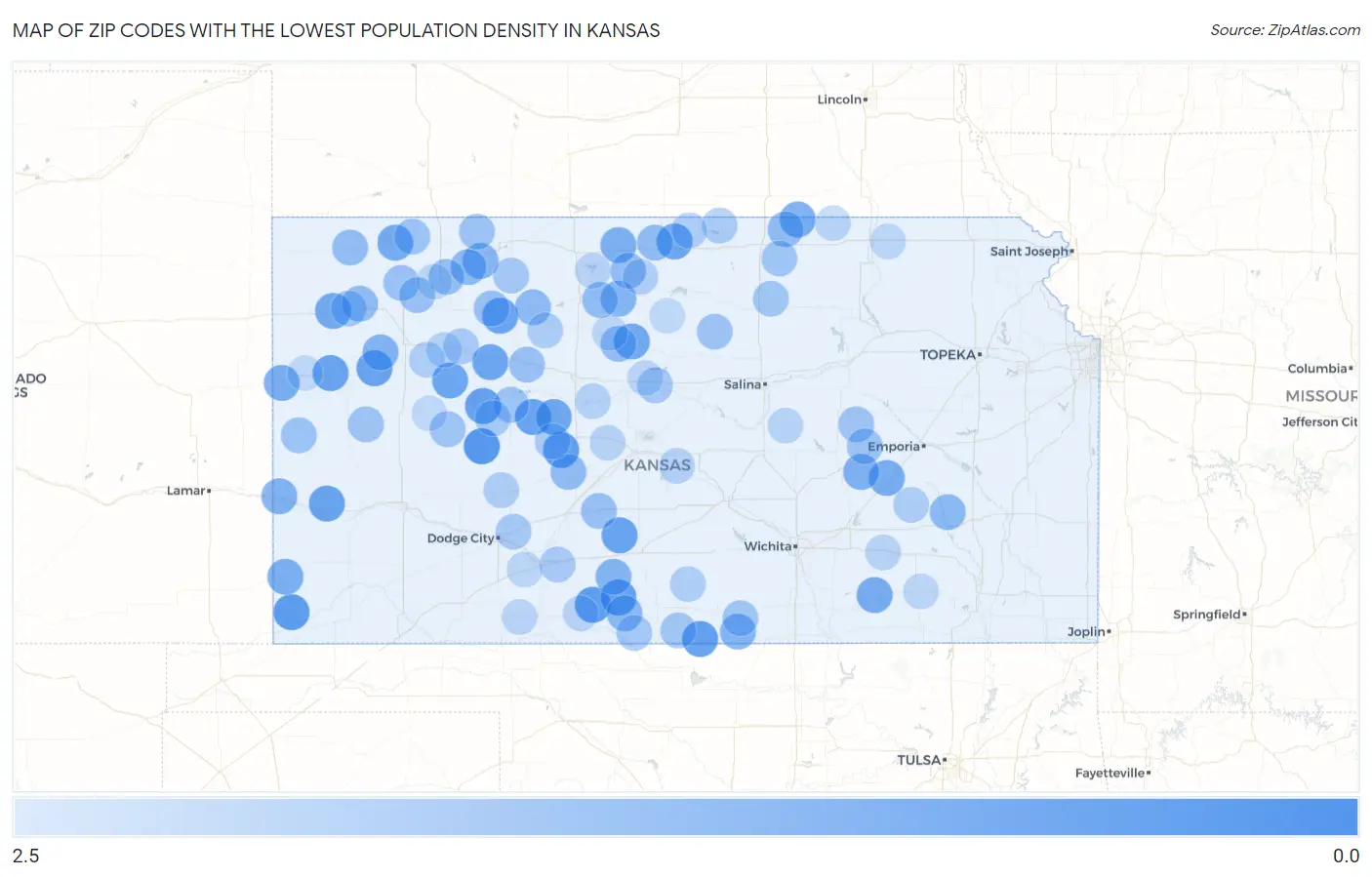 Zip Codes with the Lowest Population Density in Kansas Map