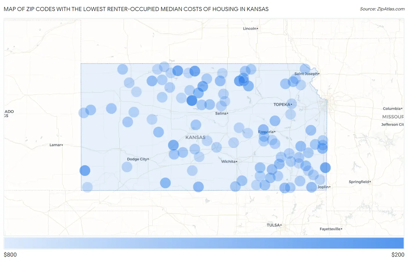 Zip Codes with the Lowest Renter-Occupied Median Costs of Housing in Kansas Map