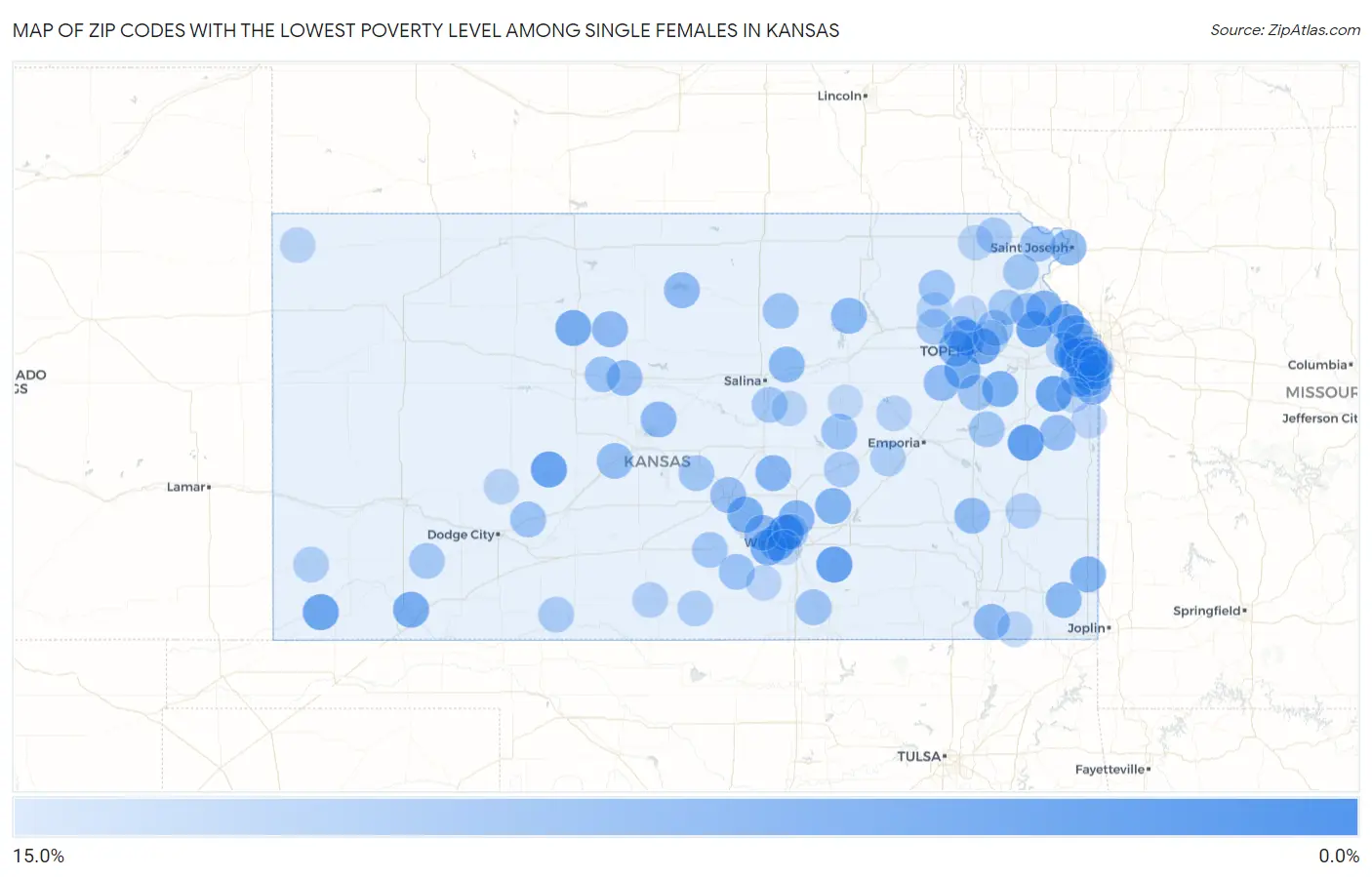 Zip Codes with the Lowest Poverty Level Among Single Females in Kansas Map