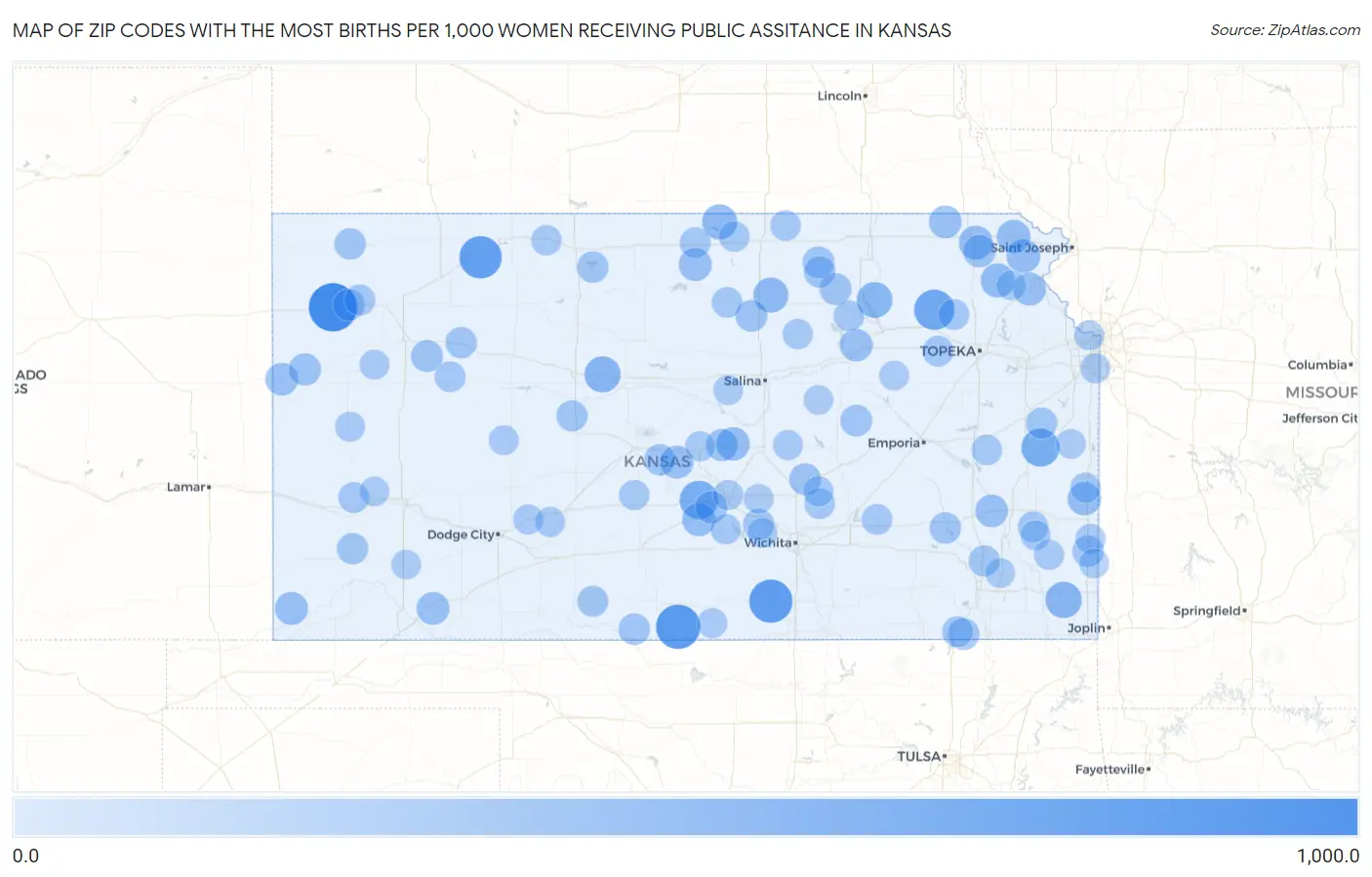 Zip Codes with the Most Births per 1,000 Women Receiving Public Assitance in Kansas Map