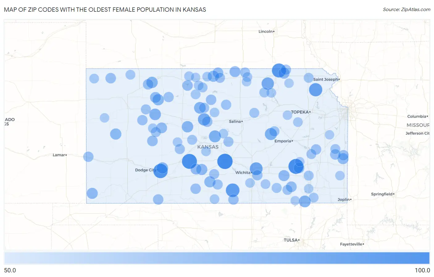 Zip Codes with the Oldest Female Population in Kansas Map