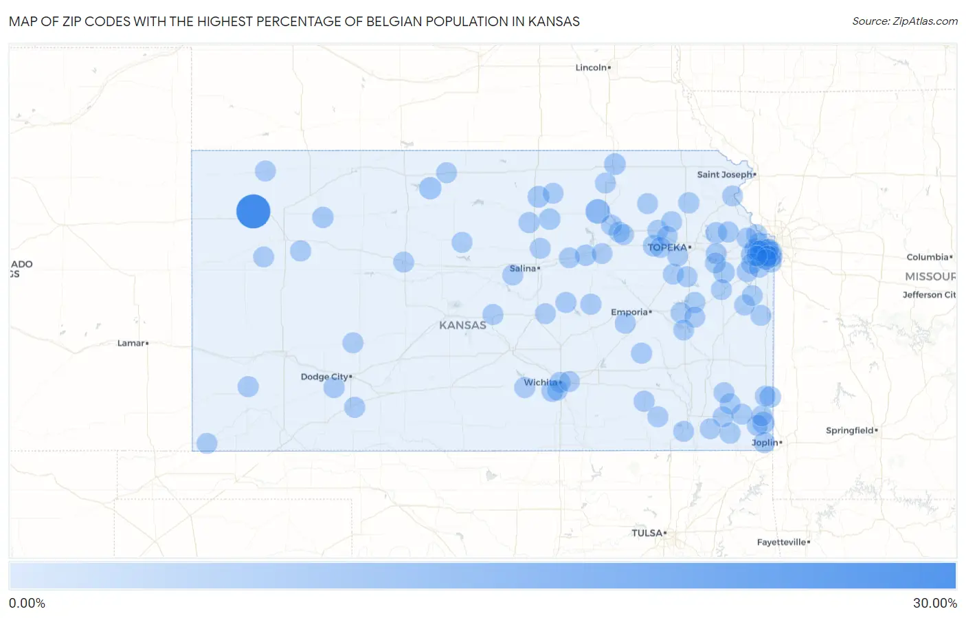 Zip Codes with the Highest Percentage of Belgian Population in Kansas Map