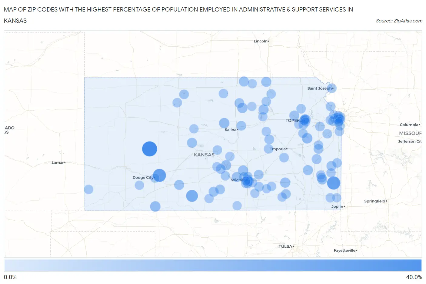 Zip Codes with the Highest Percentage of Population Employed in Administrative & Support Services in Kansas Map