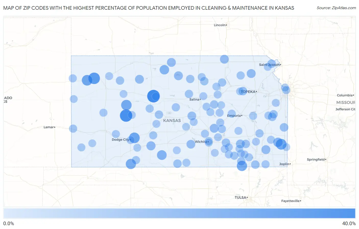 Zip Codes with the Highest Percentage of Population Employed in Cleaning & Maintenance in Kansas Map