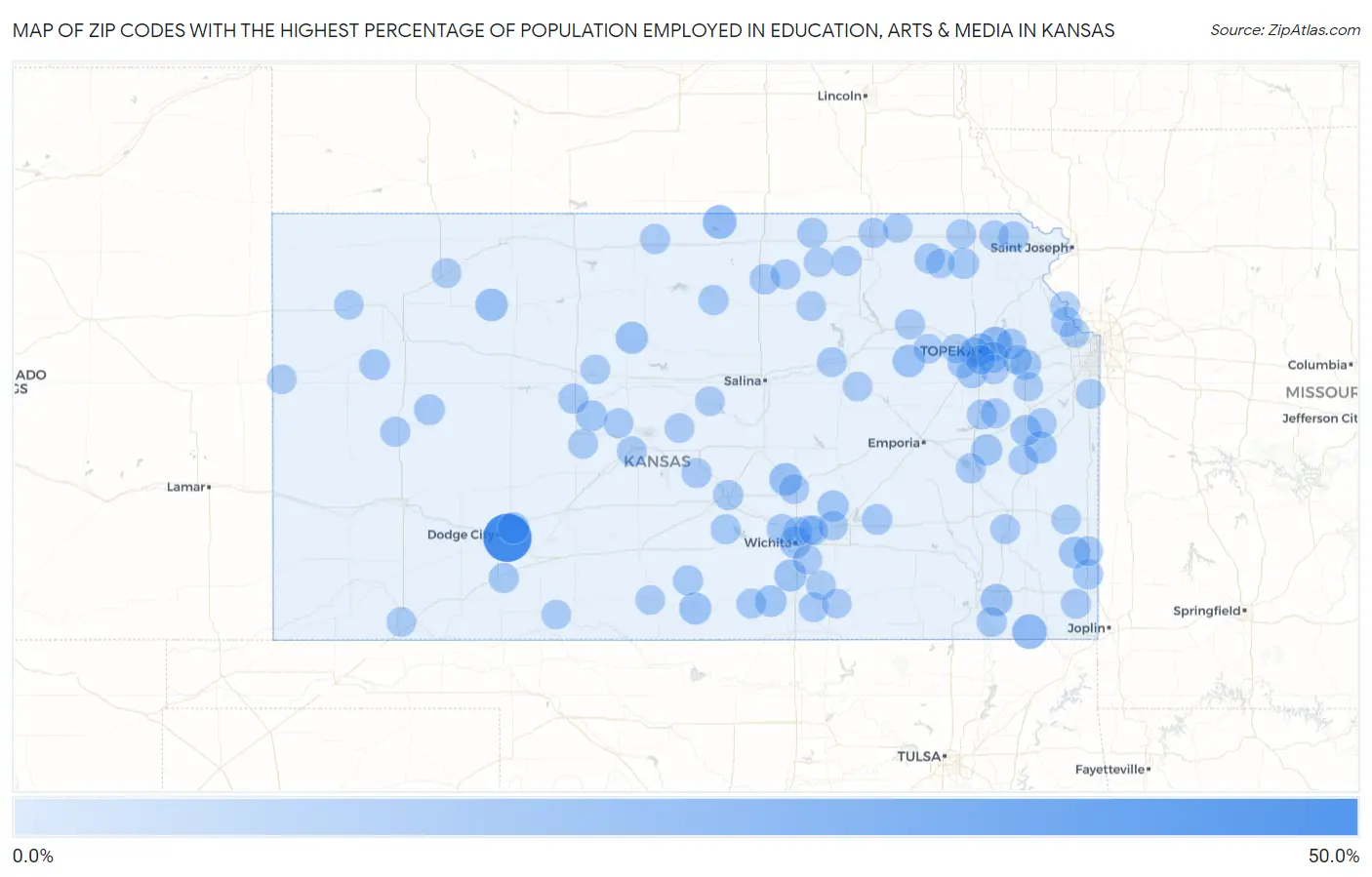 Zip Codes with the Highest Percentage of Population Employed in Education, Arts & Media in Kansas Map