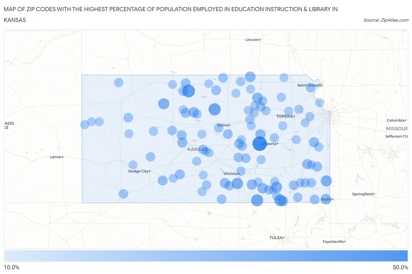 Zip Codes with the Highest Percentage of Population Employed in Education Instruction & Library in Kansas Map