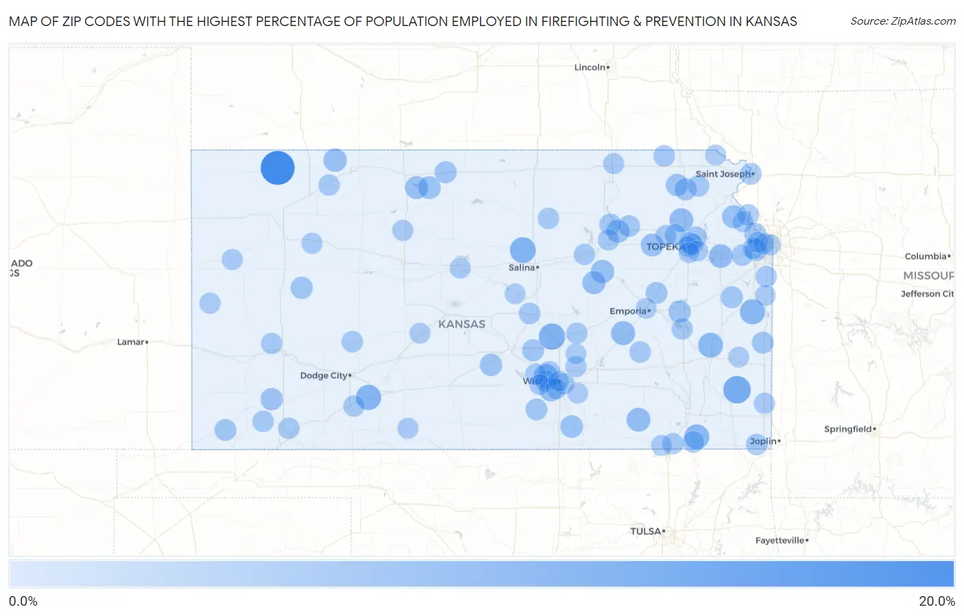 Zip Codes with the Highest Percentage of Population Employed in Firefighting & Prevention in Kansas Map
