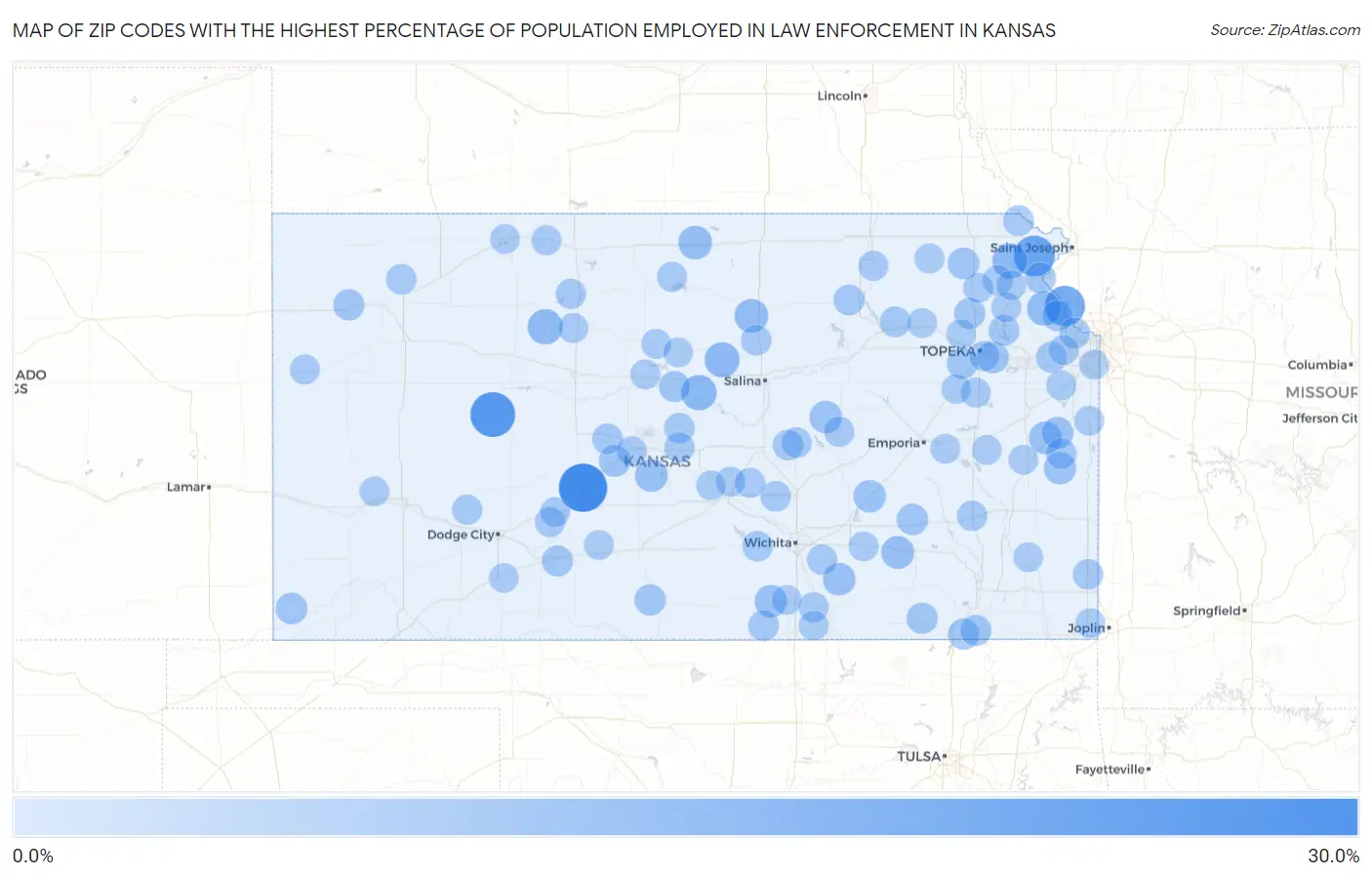 Zip Codes with the Highest Percentage of Population Employed in Law Enforcement in Kansas Map