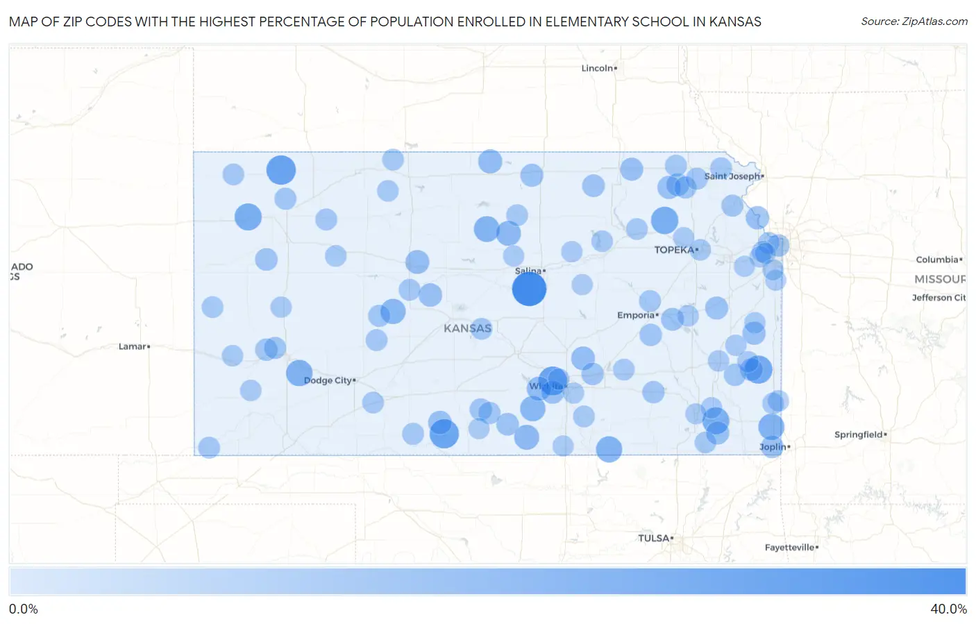 Zip Codes with the Highest Percentage of Population Enrolled in Elementary School in Kansas Map