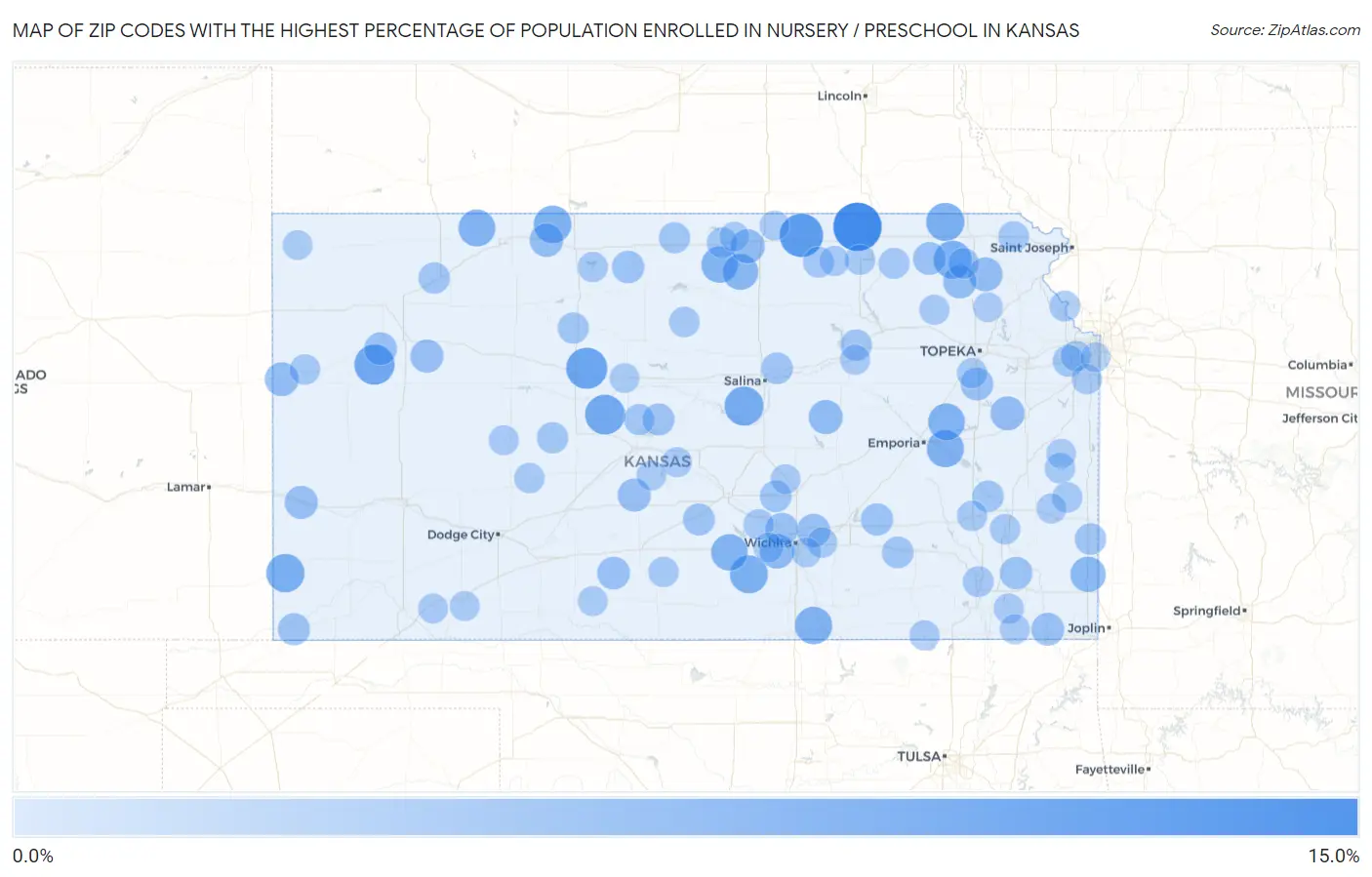 Zip Codes with the Highest Percentage of Population Enrolled in Nursery / Preschool in Kansas Map