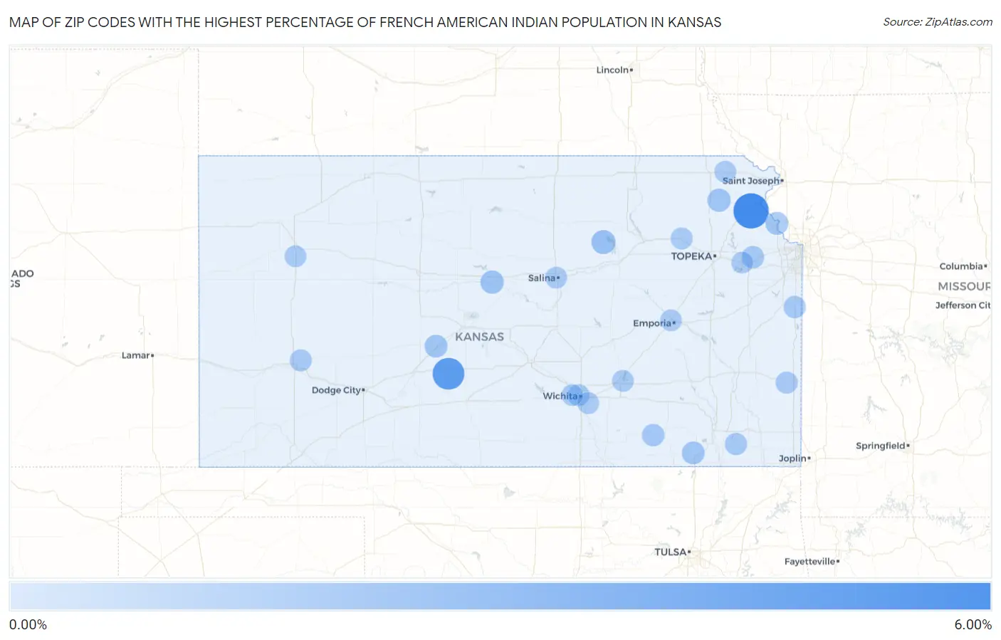 Zip Codes with the Highest Percentage of French American Indian Population in Kansas Map