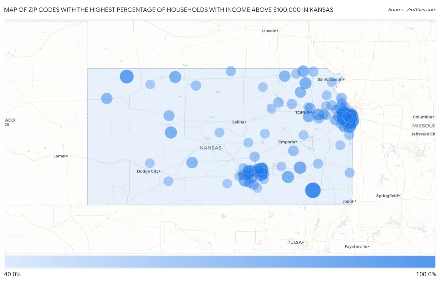 Zip Codes with the Highest Percentage of Households with Income Above $100,000 in Kansas Map