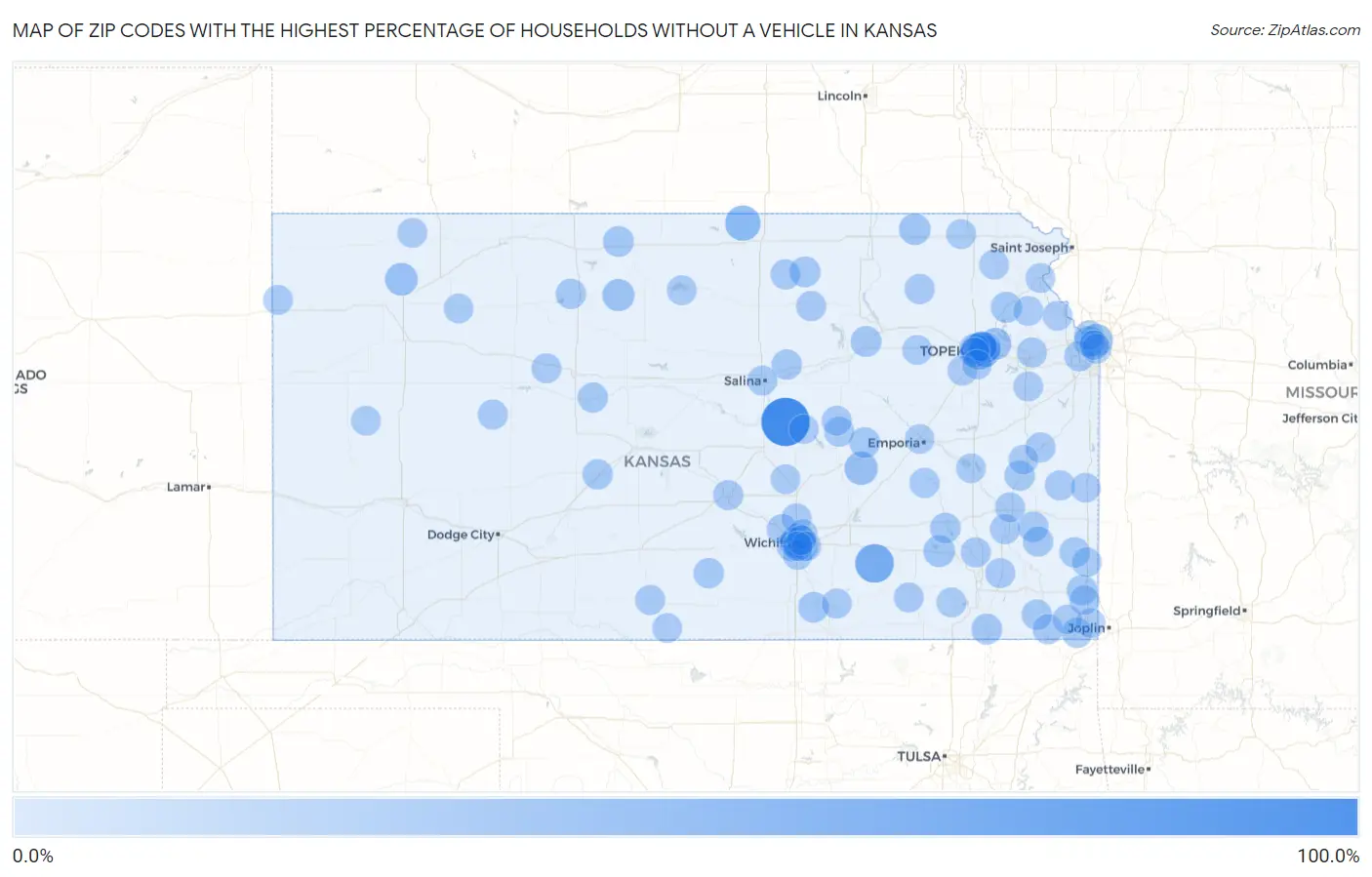 Zip Codes with the Highest Percentage of Households Without a Vehicle in Kansas Map