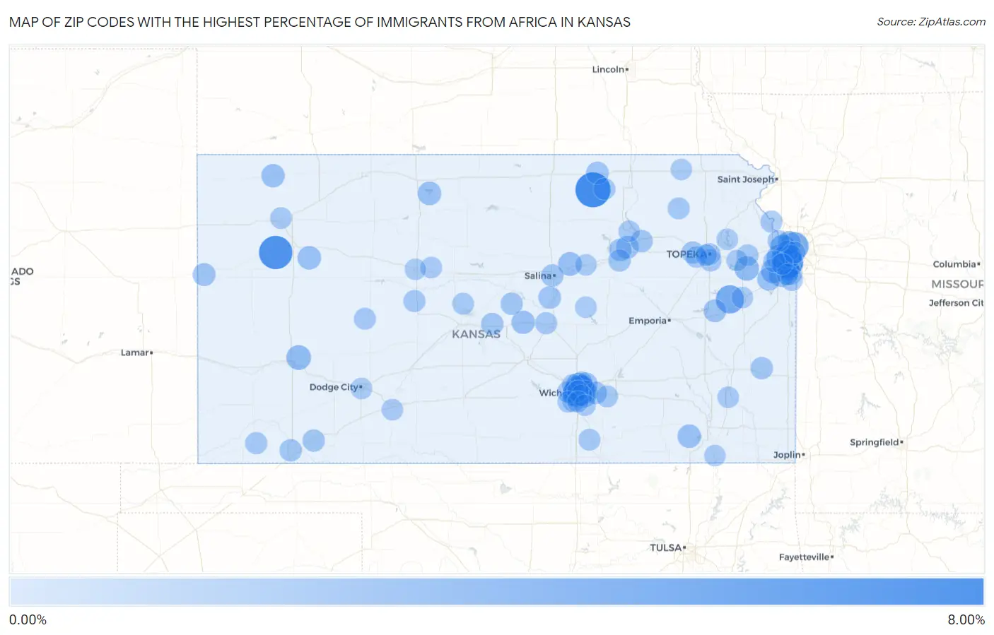 Zip Codes with the Highest Percentage of Immigrants from Africa in Kansas Map