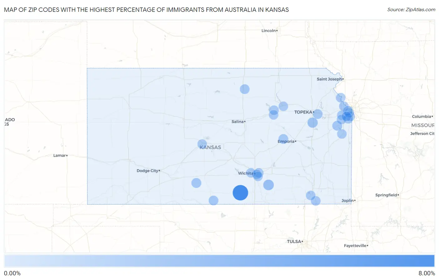 Zip Codes with the Highest Percentage of Immigrants from Australia in Kansas Map