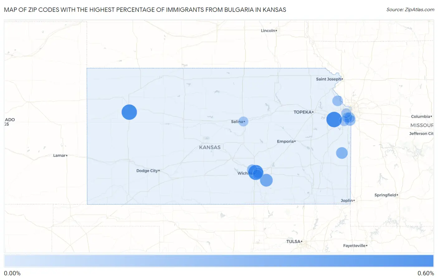 Zip Codes with the Highest Percentage of Immigrants from Bulgaria in Kansas Map