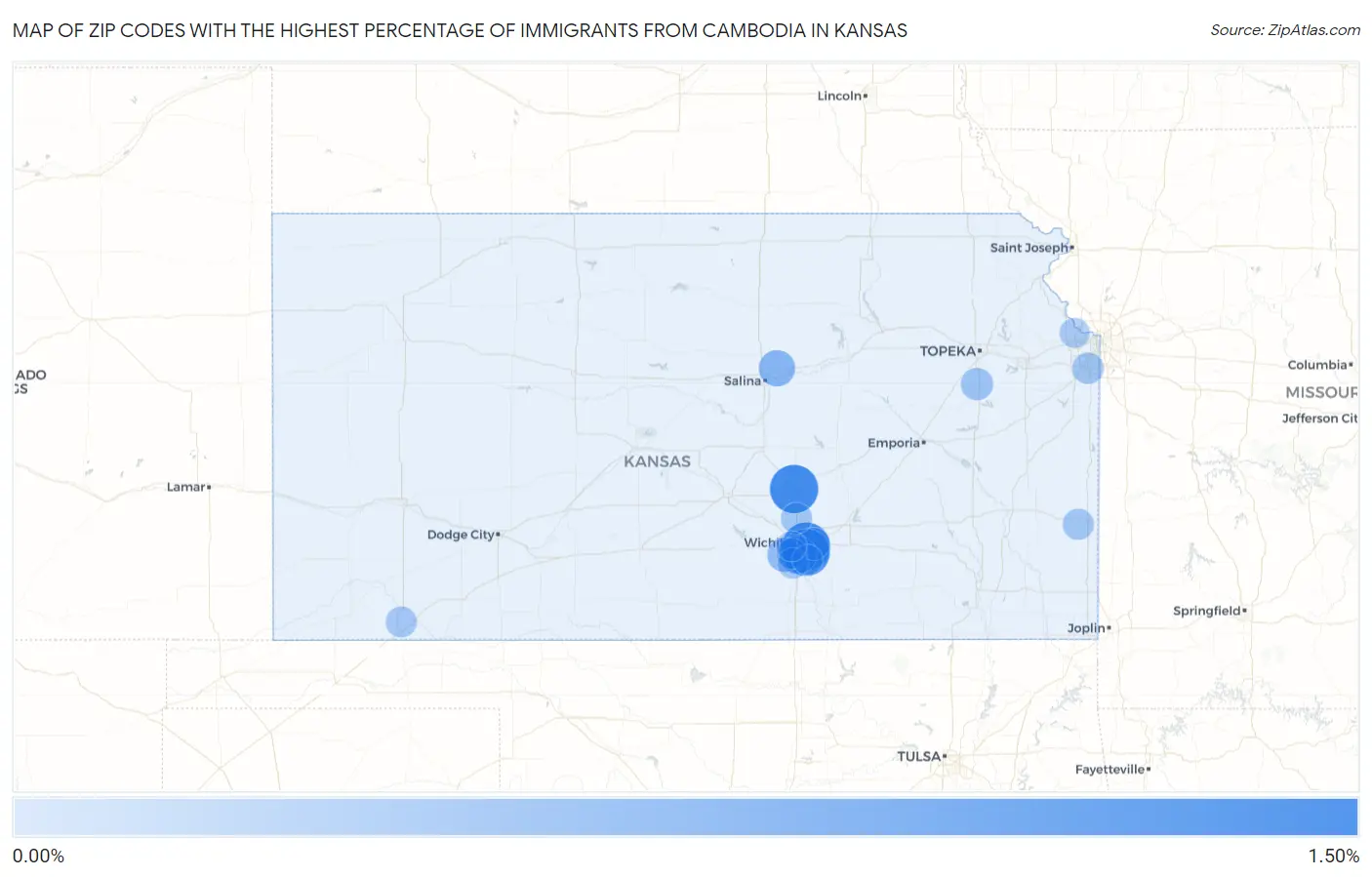 Zip Codes with the Highest Percentage of Immigrants from Cambodia in Kansas Map