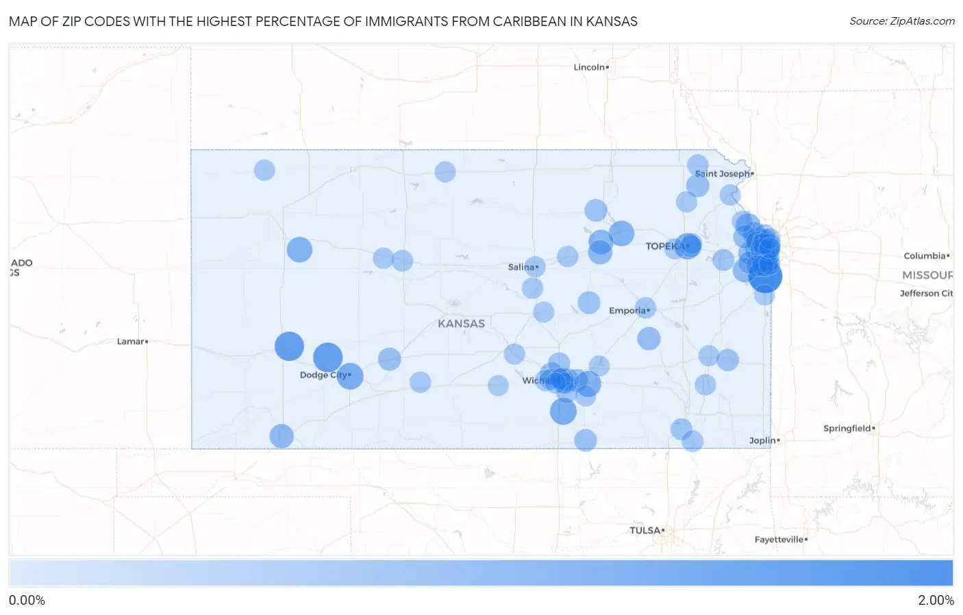 Zip Codes with the Highest Percentage of Immigrants from Caribbean in Kansas Map