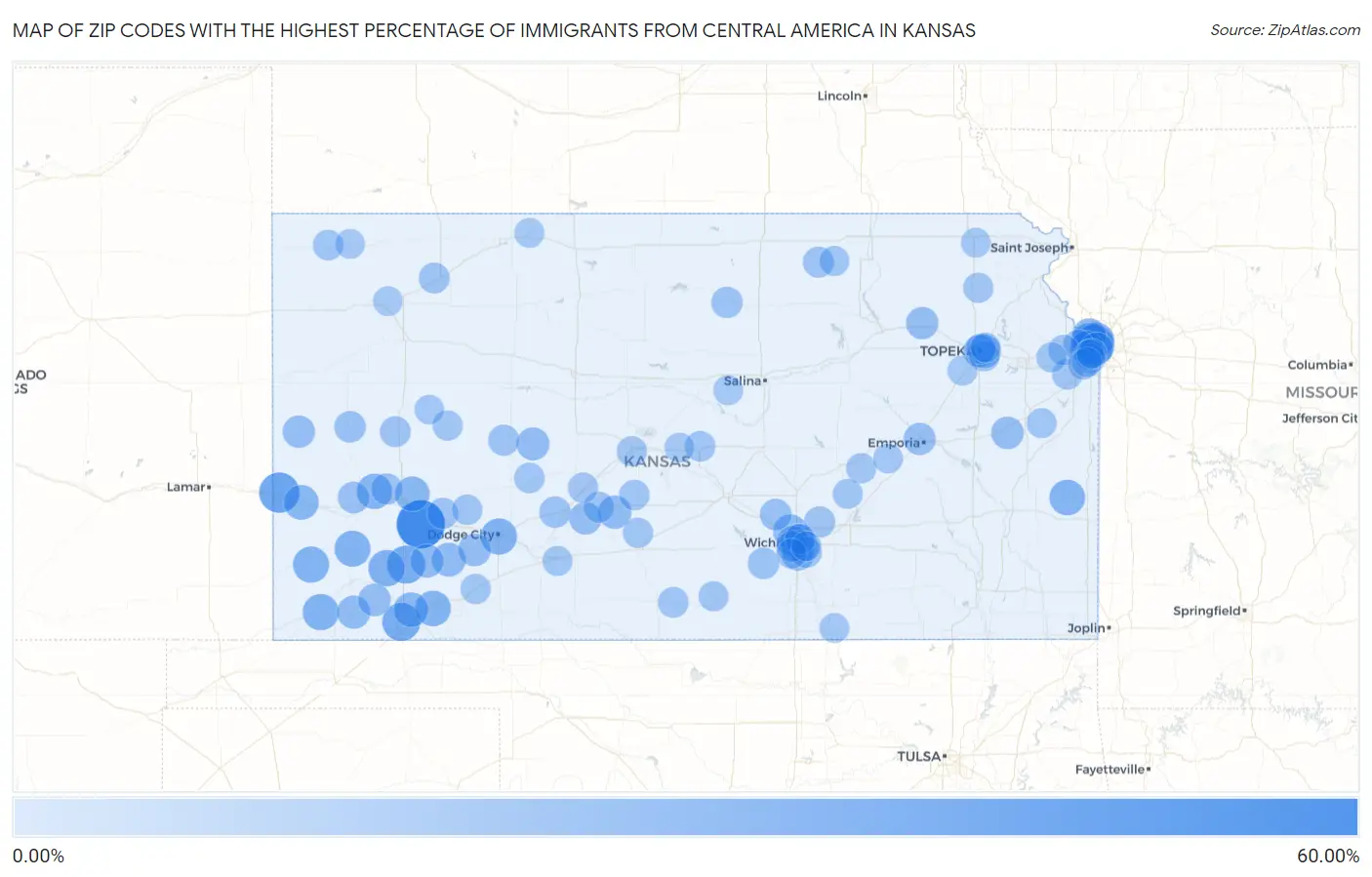 Zip Codes with the Highest Percentage of Immigrants from Central America in Kansas Map