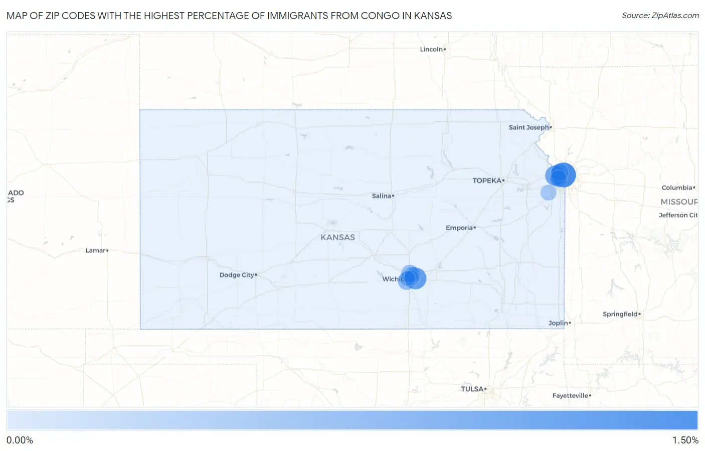 Zip Codes with the Highest Percentage of Immigrants from Congo in Kansas Map