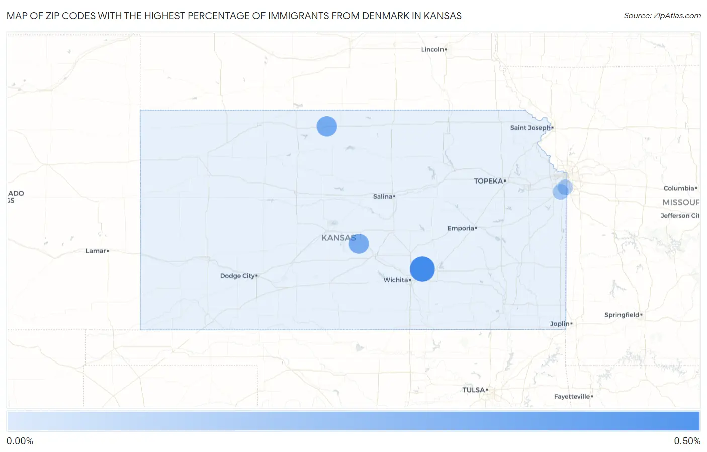 Zip Codes with the Highest Percentage of Immigrants from Denmark in Kansas Map