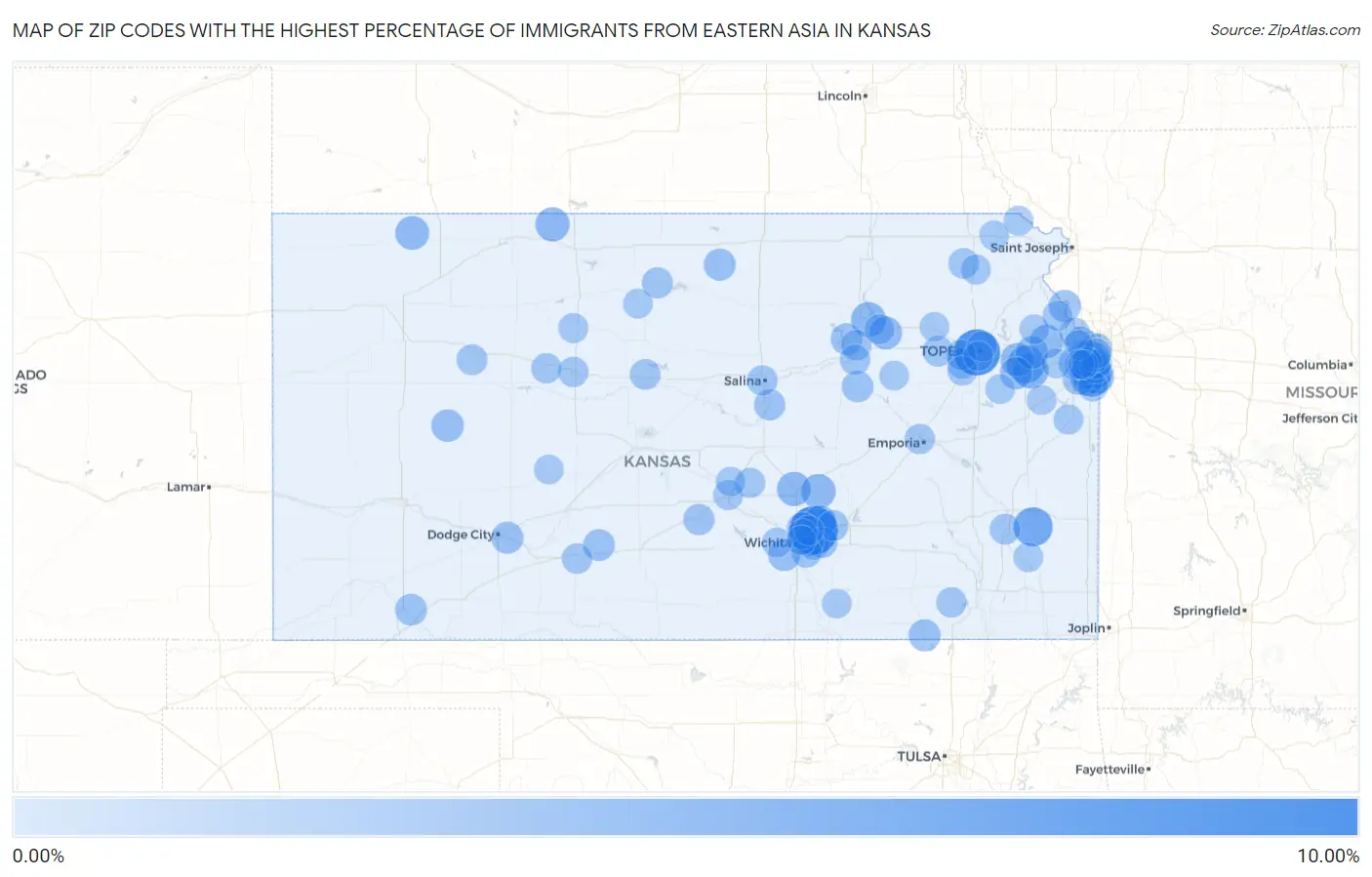 Zip Codes with the Highest Percentage of Immigrants from Eastern Asia in Kansas Map