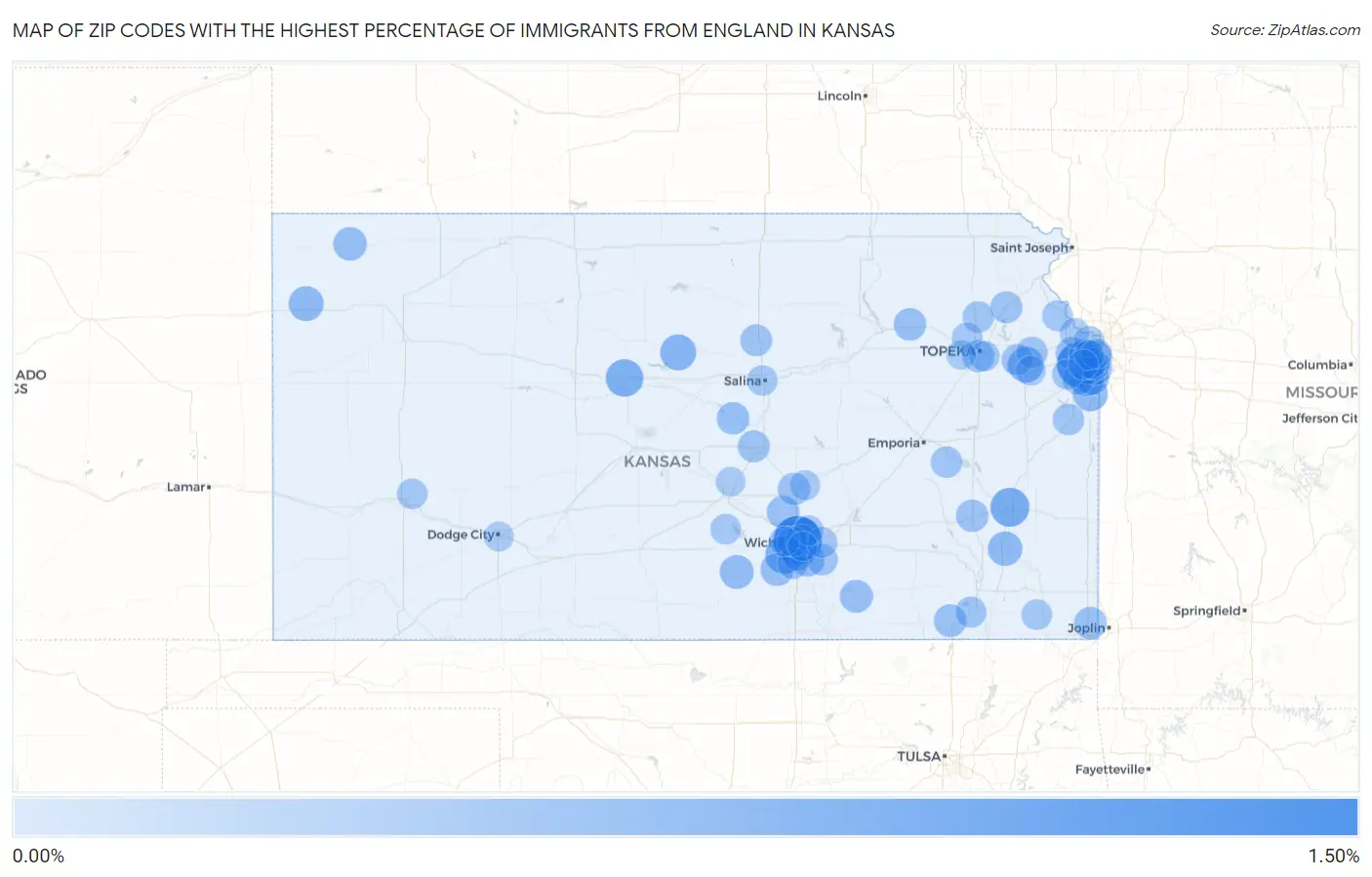Zip Codes with the Highest Percentage of Immigrants from England in Kansas Map