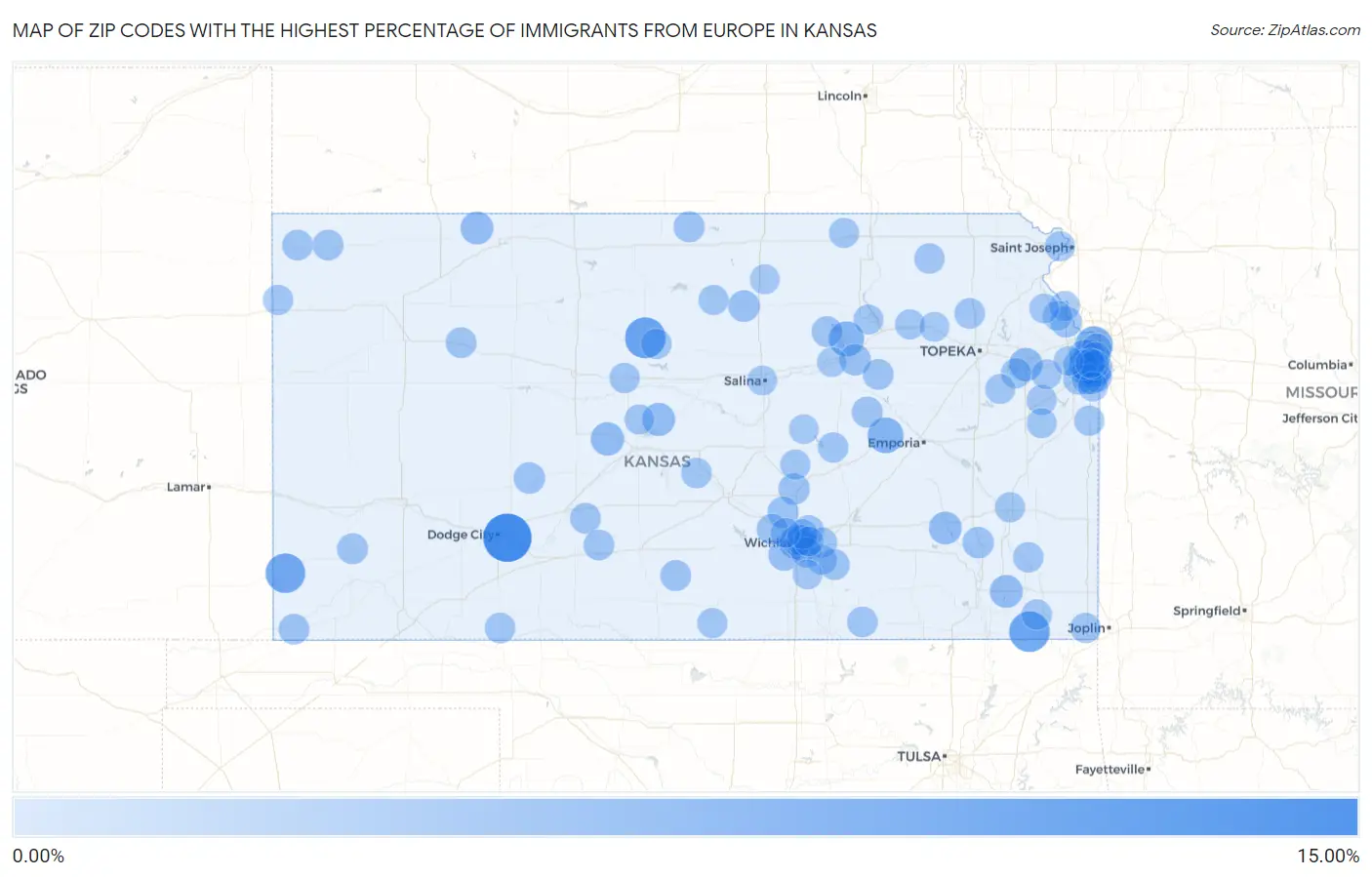 Zip Codes with the Highest Percentage of Immigrants from Europe in Kansas Map
