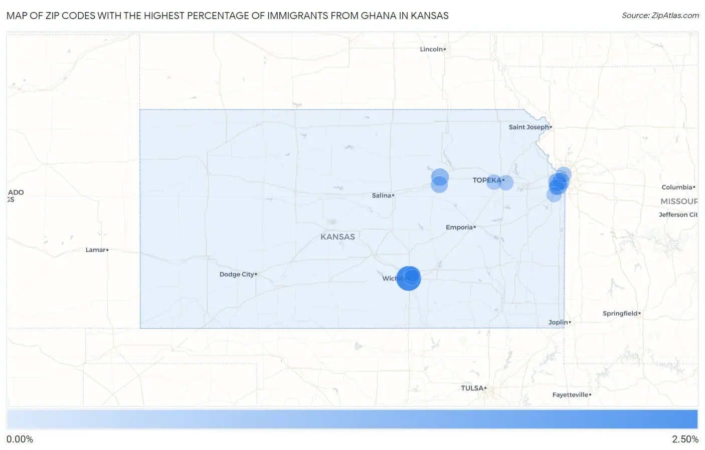 Zip Codes with the Highest Percentage of Immigrants from Ghana in Kansas Map