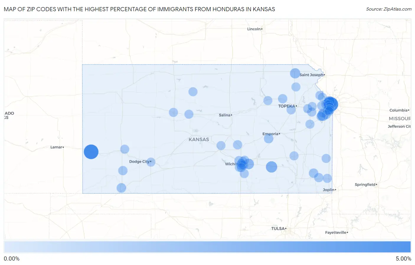 Zip Codes with the Highest Percentage of Immigrants from Honduras in Kansas Map