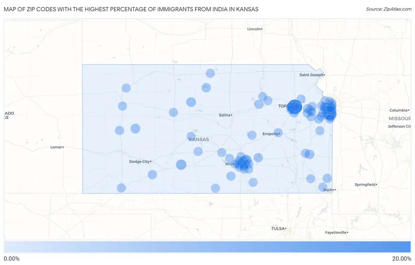 Zip Codes with the Highest Percentage of Immigrants from India in Kansas Map