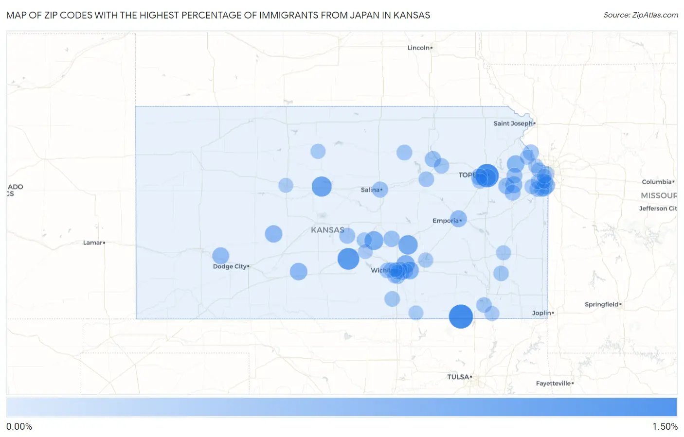 Zip Codes with the Highest Percentage of Immigrants from Japan in Kansas Map